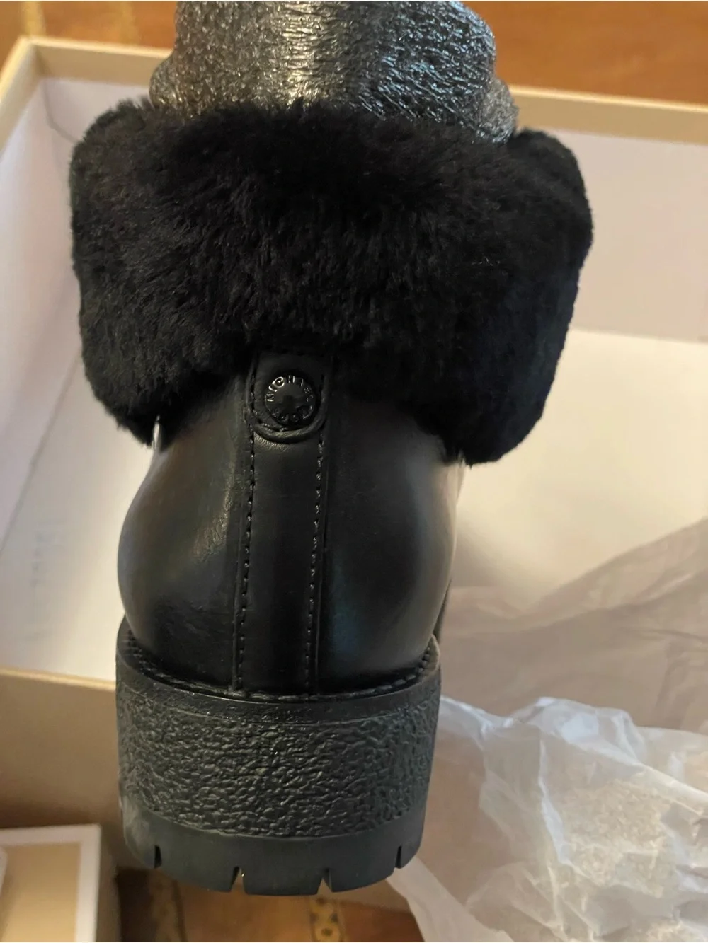 Michael Kors Black Leather Ankle boots with Fur Trim and Rubber Sole